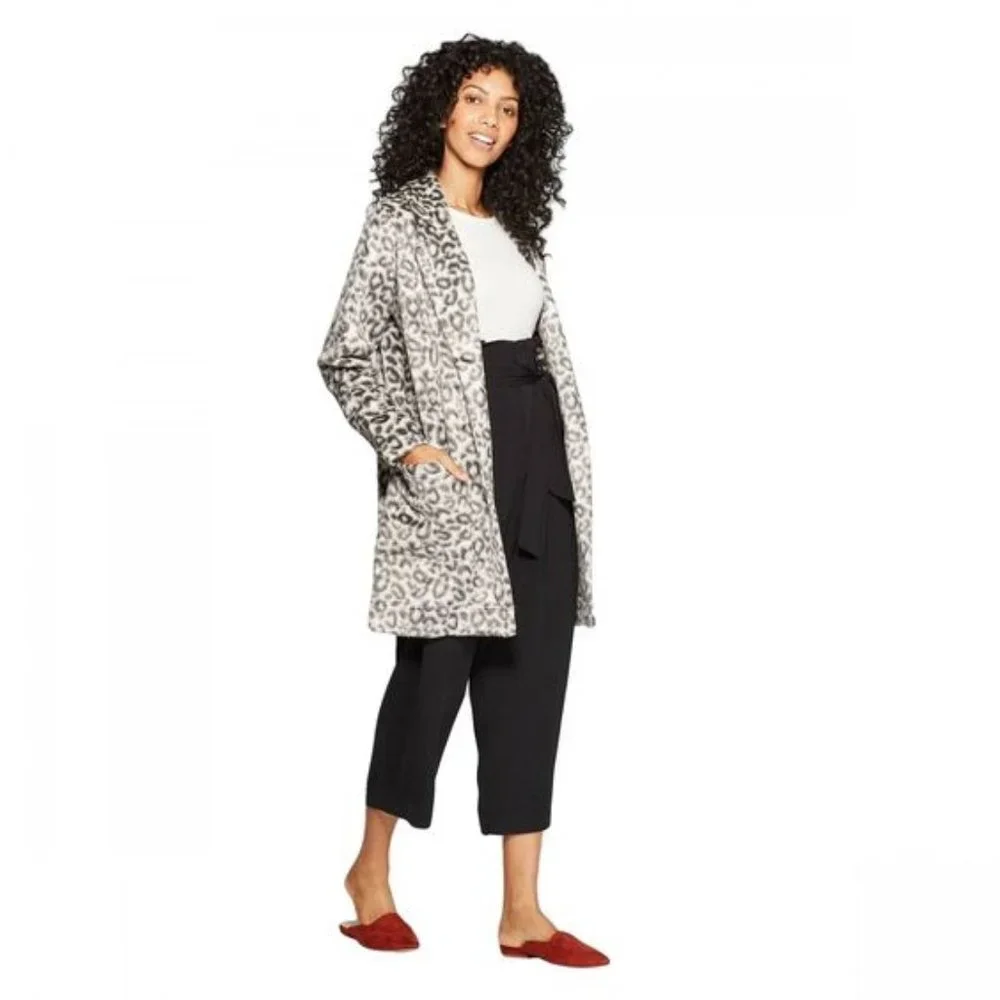 A New Day Animal Print Fleece Open Front Jacket in Gray